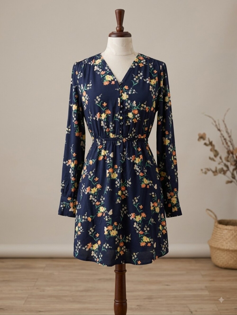 Maison Jules NWT Navy Floral V-Neck Long Sleeve Dress, Size XS